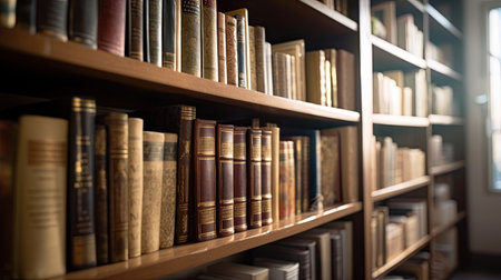 Books in Bookshelf, in public library. Generative Aiの素材