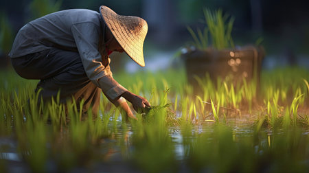Asian farmers grow rice in the rainy season. Generative Aiの素材