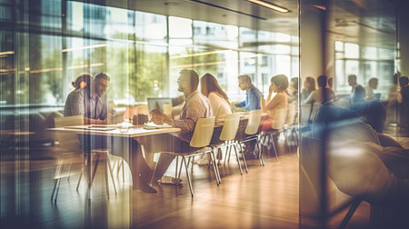 Business office with blurred people casual wear sitting in a meeting. Generative Aiの素材