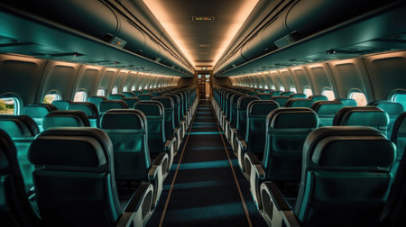 Empty aircraft seats. Interior of passenger plane. Generative Aiの素材