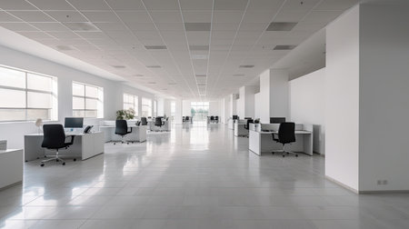 Empty office, Modern corporate open office in minimalist modern design in whites and greys. Generative Aiの素材