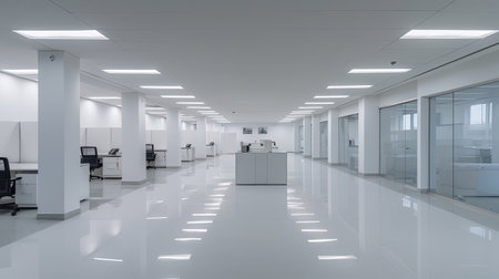Empty office, Modern corporate open office in minimalist modern design in whites and greys. Generative Aiの素材