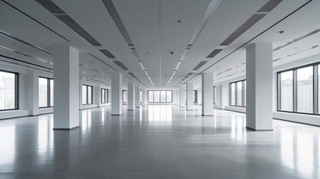 Empty office, Modern corporate open office in minimalist modern design in whites and greys. Generative Aiの素材