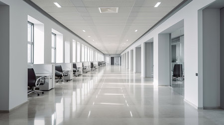 Empty office, Modern corporate open office in minimalist modern design in whites and greys. Generative Aiの素材