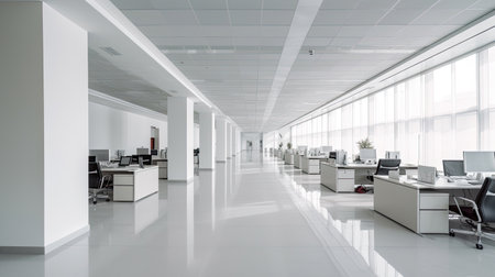 Empty office, Modern corporate open office in minimalist modern design in whites and greys. Generative Aiの素材