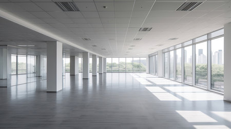 Empty office, Modern corporate open office in minimalist modern design in whites and greys. Generative Aiの素材