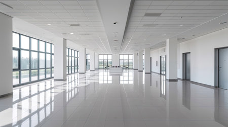 Empty office, Modern corporate open office in minimalist modern design in whites and greys. Generative Aiの素材