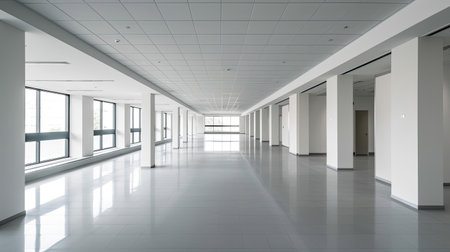 Empty office, Modern corporate open office in minimalist modern design in whites and greys. Generative Aiの素材