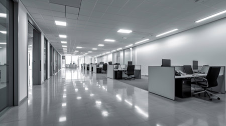 Empty office, Modern corporate open office in minimalist modern design in whites and greys. Generative Aiの素材