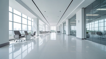 Empty office, Modern corporate open office in minimalist modern design in whites and greys. Generative Aiの素材