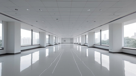 Empty office, Modern corporate open office in minimalist modern design in whites and greys. Generative Aiの素材