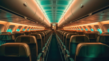 Empty passenger airplane seats in the cabin. Interior of passenger plane. Generative Aiの素材