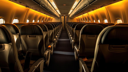 Empty passenger airplane seats in the cabin. Interior of passenger plane. Generative Aiの素材