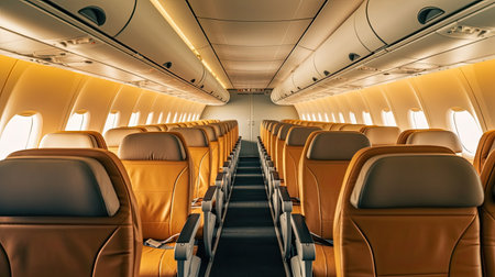 Empty passenger airplane seats in the cabin. Interior of passenger plane. Generative Aiの素材