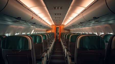 Empty passenger airplane seats in the cabin. Interior of passenger plane. Generative Aiの素材