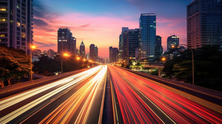 Abstract business background with buildings and long exposure photo of a highway at night. business and finance, real estate property concept concept. Generative Aiの素材