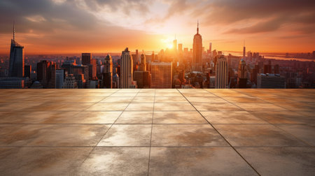 Concrete floor with cityscape and skyline background. Generative Aiの素材