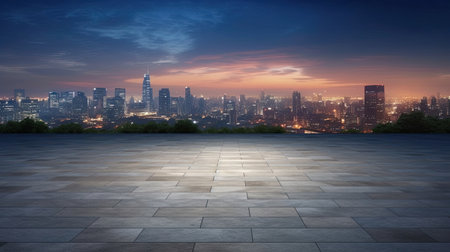 Concrete floor with cityscape and skyline background. Generative Aiの素材