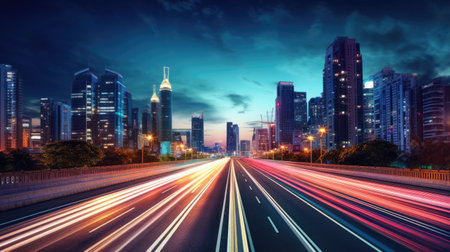 Abstract business background with buildings and long exposure photo of a highway at night. business and finance, real estate property concept concept. Generative Aiの素材