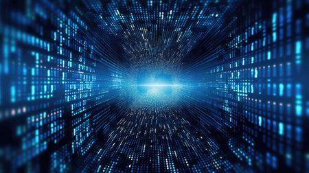 Abstract digital technology, Blue digital binary data on computer screen background. Generative Aiの素材