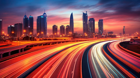 Abstract business background with buildings and long exposure photo of a highway at night. business and finance, real estate property concept concept. Generative Aiの素材