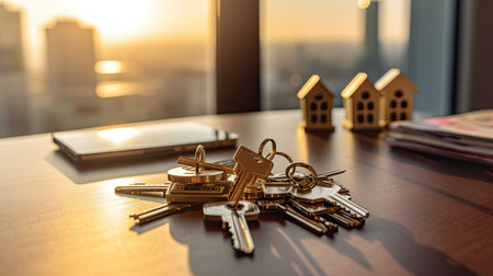 Keys on the table in new apartment or hotel room. rent, investment, real estate property concept. Generative Aiの素材