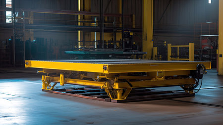 A large sized hydraulic lift table being used in a large warehouse.	Generative Aiの素材