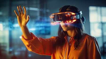 A scientist female wearing a VR headset and interacting with virtual reality in the science lab, Interacting with virtual reality, Science  chemistry technology.	Generative Aiの素材