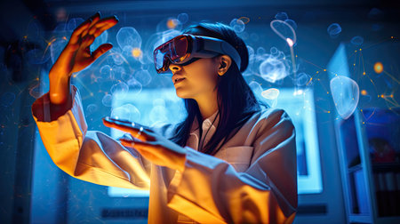 A scientist female wearing a VR headset and interacting with virtual reality in the science lab, Interacting with virtual reality, Science  chemistry technology.	Generative Aiの素材