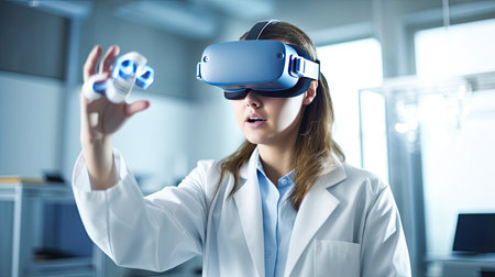 A scientist female wearing a VR headset and interacting with virtual reality in the science lab, Interacting with virtual reality, Science  chemistry technology.	Generative Aiの素材