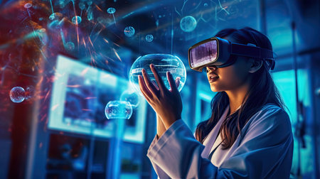 A scientist female wearing a VR headset and interacting with virtual reality in the science lab, Interacting with virtual reality, Science  chemistry technology.	Generative Aiの素材