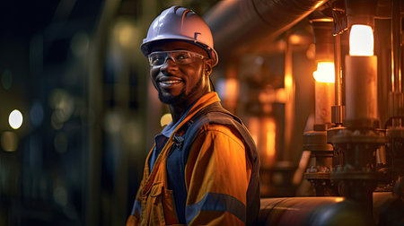 African american young man petrochemical engineer working at night Inside oil and gas refinery plant factory. Generative Aiの素材