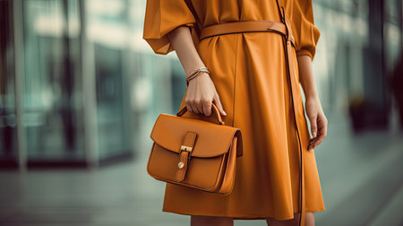 Close up of Stylish fashionable woman wearing bright dress holding brown bag handbag. Generative Aiの素材