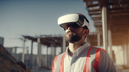 Architect or civil engineer wearing virtual reality goggles during analyzing building structure at the construction site. Generative Aiの素材