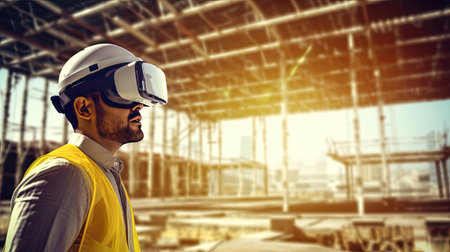 Architect or civil engineer wearing virtual reality goggles during analyzing building structure at the construction site. Generative Aiの素材