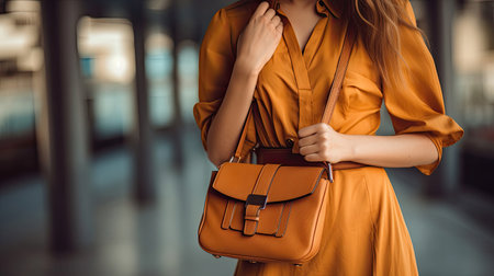 Close up of Stylish fashionable woman wearing bright dress holding brown bag handbag. Generative Aiの素材