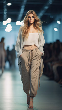 Fashion show beautiful young woman model walking on runway. Generative Aiの素材
