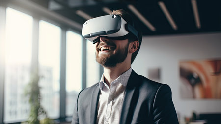 Happy young businessman using virtual reality headset in the office. Generative Aiの素材
