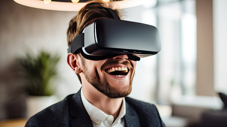 Happy young businessman using virtual reality headset in the office. Generative Aiの素材
