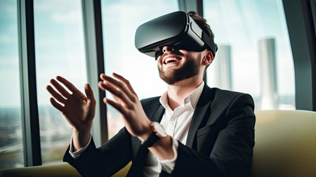 Happy young businessman using virtual reality headset in the office. Generative Aiの素材