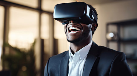Happy young businessman using virtual reality headset in the office. Generative Aiの素材