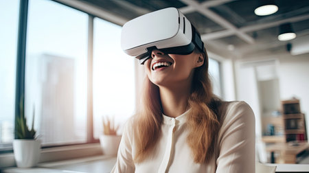 Happy young businesswoman using virtual reality headset in the office. Generative Aiの素材
