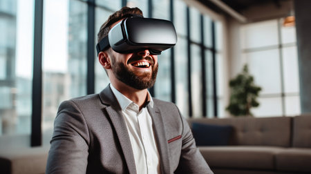Happy young businessman using virtual reality headset in the office. Generative Aiの素材