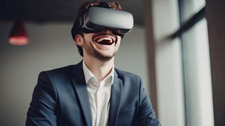Happy young businessman using virtual reality headset in the office. Generative Aiの素材