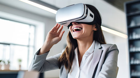 Happy young businesswoman using virtual reality headset in the office. Generative Aiの素材
