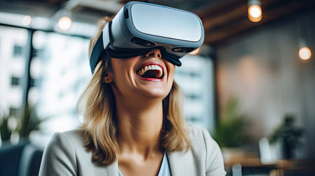 Happy young businesswoman using virtual reality headset in the office. Generative Aiの素材