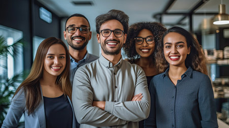 Portrait group of Happy multiracial coworkers standing together at modern office, Teamwork concept. Generative Aiの素材