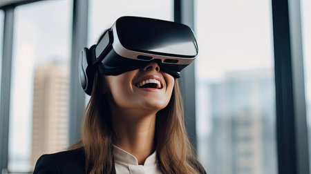 Happy young businesswoman using virtual reality headset in the office. Generative Aiの素材