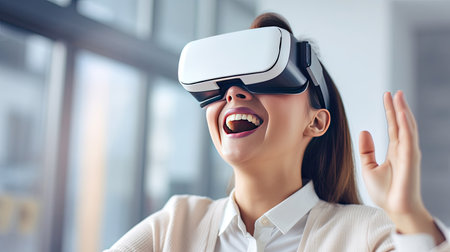 Happy young businesswoman using virtual reality headset in the office. Generative Aiの素材