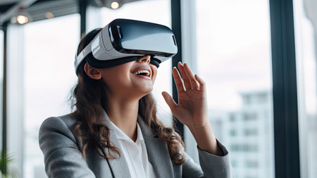 Happy young businesswoman using virtual reality headset in the office. Generative Aiの素材
